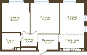 3-к квартира, вторичка, 59м2, 6/15 этаж