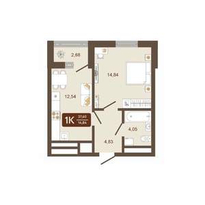 1-к квартира, вторичка, 38м2, 4/16 этаж