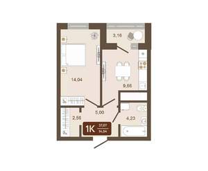 1-к квартира, строящийся дом, 37м2, 11/16 этаж