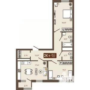 2-к квартира, вторичка, 73м2, 6/16 этаж