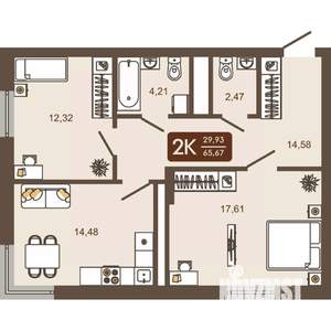 2-к квартира, вторичка, 66м2, 13/16 этаж