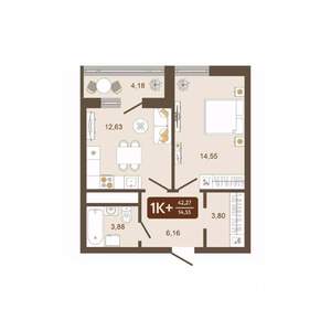 1-к квартира, вторичка, 42м2, 2/16 этаж