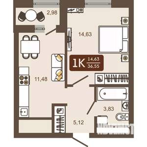 1-к квартира, вторичка, 37м2, 14/16 этаж
