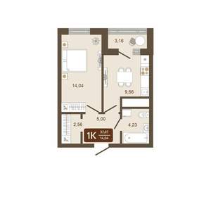 1-к квартира, вторичка, 37м2, 12/16 этаж
