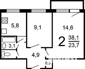 2-к квартира, вторичка, 39м2, 5/9 этаж