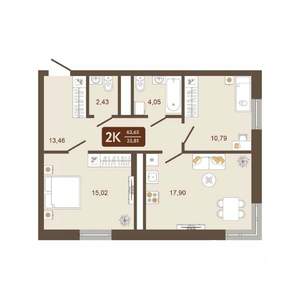 2-к квартира, вторичка, 64м2, 5/16 этаж