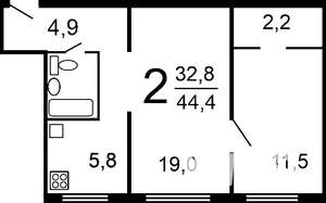 2-к квартира, вторичка, 43м2, 1/9 этаж