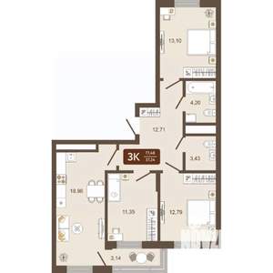 3-к квартира, строящийся дом, 77м2, 3/16 этаж