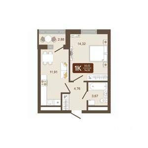 1-к квартира, строящийся дом, 36м2, 6/16 этаж