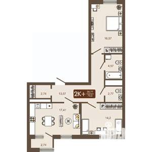 2-к квартира, вторичка, 73м2, 10/16 этаж