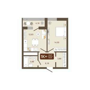 1-к квартира, вторичка, 42м2, 3/16 этаж