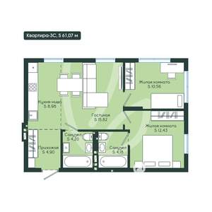 3-к квартира, вторичка, 61м2, 12/12 этаж