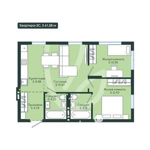 3-к квартира, вторичка, 61м2, 6/12 этаж