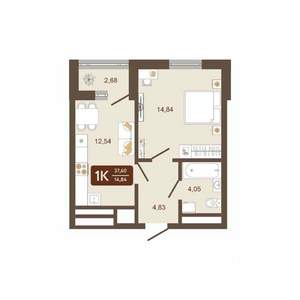 1-к квартира, вторичка, 38м2, 12/16 этаж