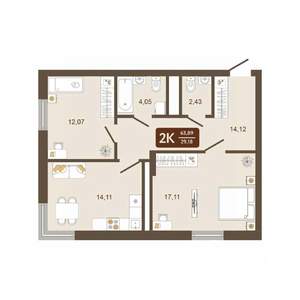 2-к квартира, вторичка, 64м2, 8/16 этаж