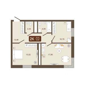 2-к квартира, вторичка, 64м2, 2/16 этаж