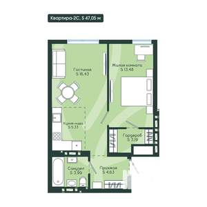 2-к квартира, вторичка, 47м2, 11/12 этаж