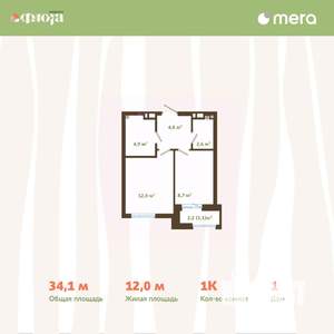 1-к квартира, вторичка, 34м2, 7/15 этаж