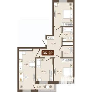 3-к квартира, вторичка, 77м2, 12/16 этаж