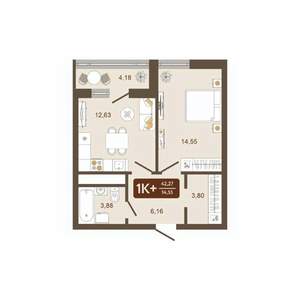 1-к квартира, вторичка, 42м2, 14/16 этаж