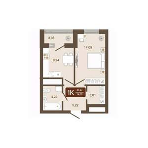 1-к квартира, строящийся дом, 37м2, 11/16 этаж