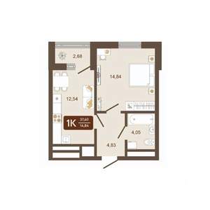 1-к квартира, строящийся дом, 38м2, 6/16 этаж