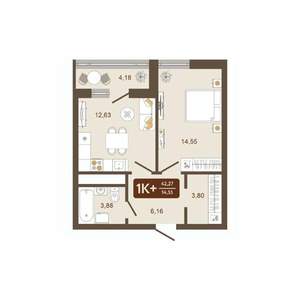 1-к квартира, вторичка, 42м2, 15/16 этаж