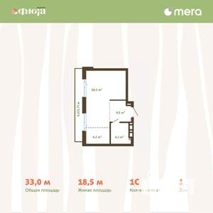 1-к квартира, вторичка, 33м2, 7/15 этаж