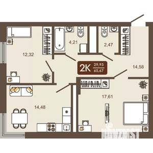 2-к квартира, вторичка, 66м2, 14/16 этаж