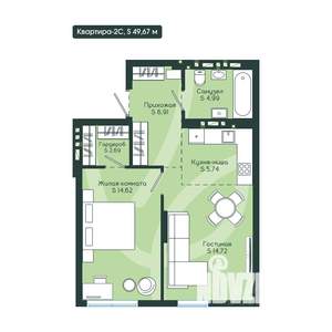 2-к квартира, вторичка, 50м2, 2/12 этаж