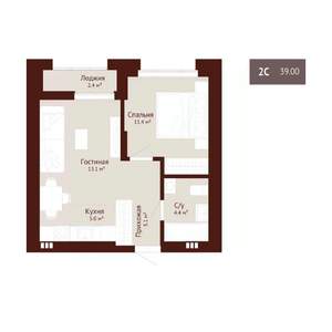 2-к квартира, строящийся дом, 40м2, 8/9 этаж