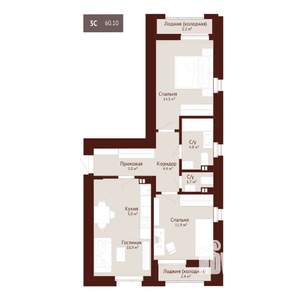 3-к квартира, вторичка, 61м2, 7/9 этаж