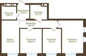 3-к квартира, вторичка, 65м2, 14/15 этаж