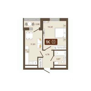 1-к квартира, строящийся дом, 36м2, 12/16 этаж