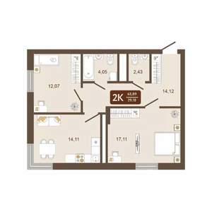 2-к квартира, вторичка, 64м2, 11/16 этаж