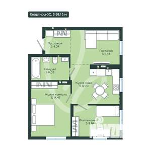 3-к квартира, вторичка, 58м2, 2/12 этаж