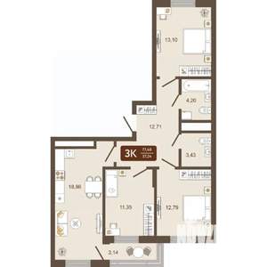 3-к квартира, строящийся дом, 77м2, 2/16 этаж