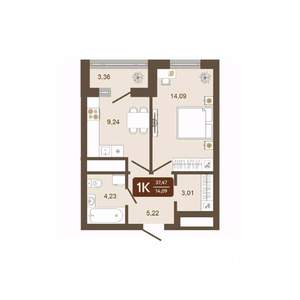 1-к квартира, строящийся дом, 37м2, 14/16 этаж