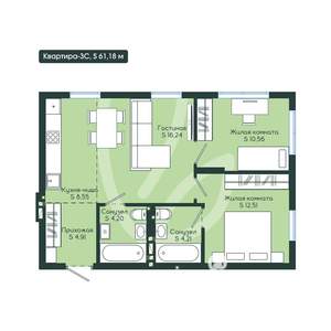 3-к квартира, вторичка, 61м2, 2/12 этаж