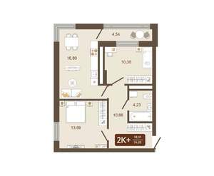 2-к квартира, вторичка, 58м2, 9/16 этаж