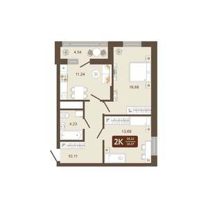 2-к квартира, строящийся дом, 58м2, 2/16 этаж