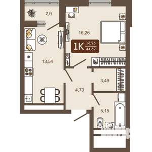 1-к квартира, вторичка, 45м2, 5/16 этаж