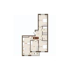 3-к квартира, вторичка, 77м2, 3/16 этаж