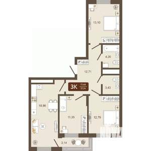 3-к квартира, строящийся дом, 77м2, 14/16 этаж