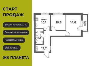 2-к квартира, вторичка, 54м2, 19/20 этаж