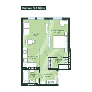 2-к квартира, вторичка, 47м2, 2/12 этаж