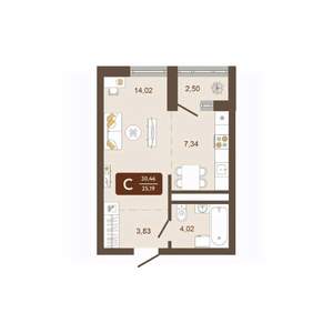 Студия квартира, вторичка, 30м2, 12/16 этаж