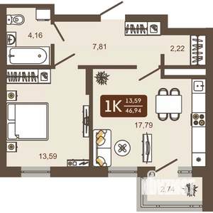 1-к квартира, вторичка, 47м2, 3/16 этаж