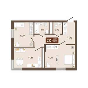 2-к квартира, вторичка, 64м2, 13/16 этаж