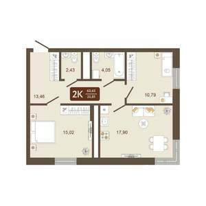 2-к квартира, вторичка, 64м2, 4/16 этаж